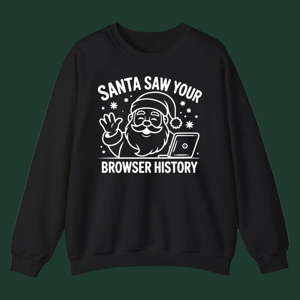 Santa Claus at a laptop with text "SANTA SAW YOUR BROWSER HISTORY"