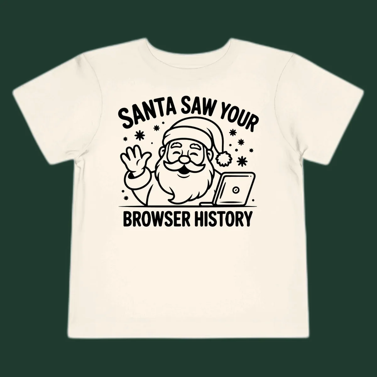 Santa Claus at a laptop with text "SANTA SAW YOUR BROWSER HISTORY"