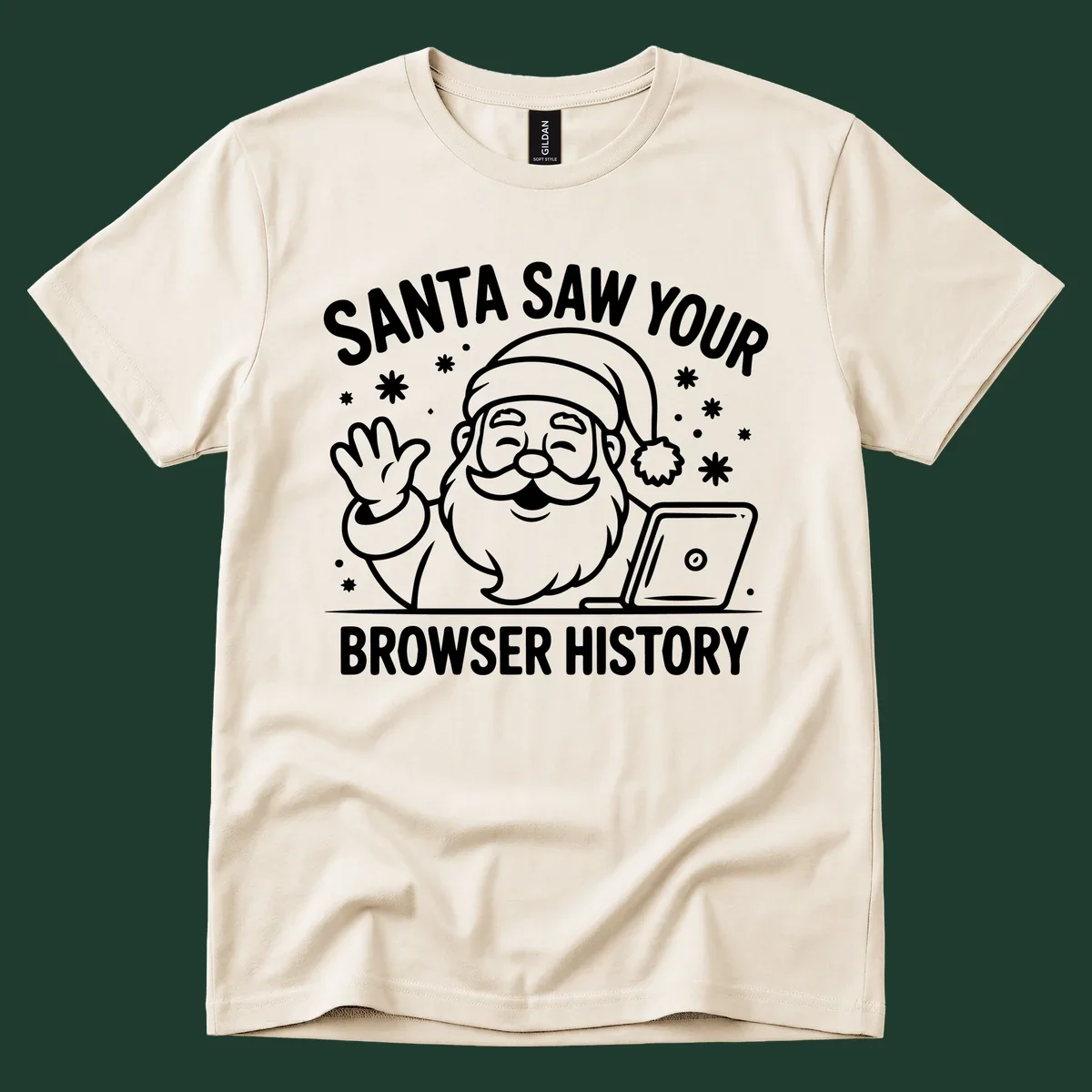 Santa Claus at a laptop with text "SANTA SAW YOUR BROWSER HISTORY"