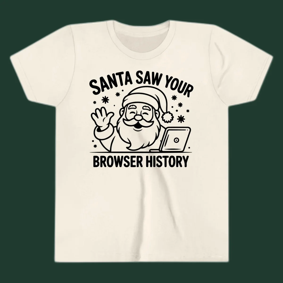 Santa Claus at a laptop with text "SANTA SAW YOUR BROWSER HISTORY"