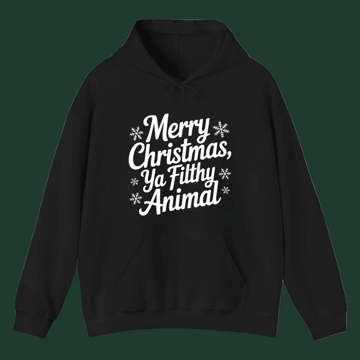 Merry Christmas Ya Filthy Animal typography with snowflakes.