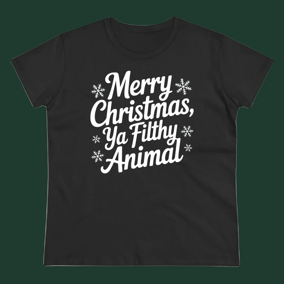 Merry Christmas Ya Filthy Animal typography with snowflakes.
