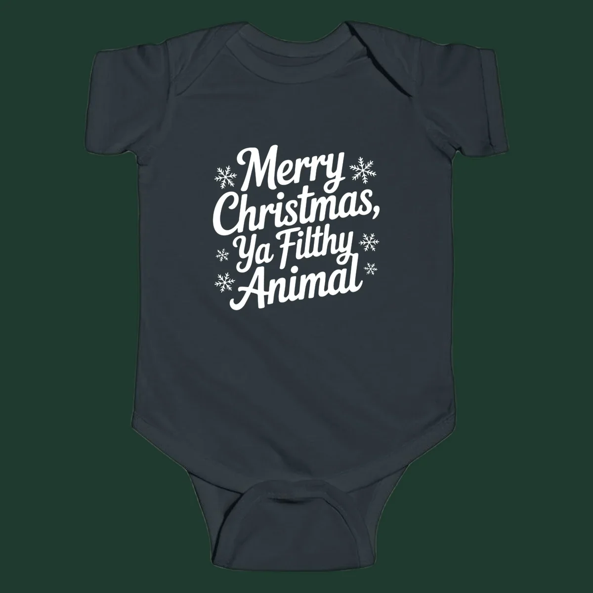 Merry Christmas Ya Filthy Animal typography with snowflakes.