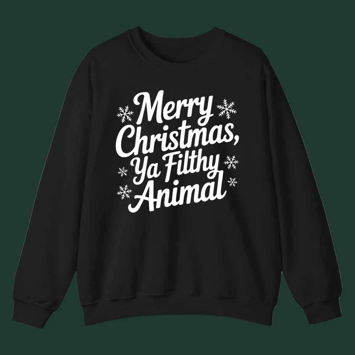 Merry Christmas Ya Filthy Animal typography with snowflakes.