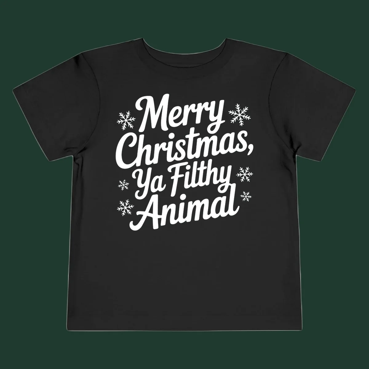 Merry Christmas Ya Filthy Animal typography with snowflakes.