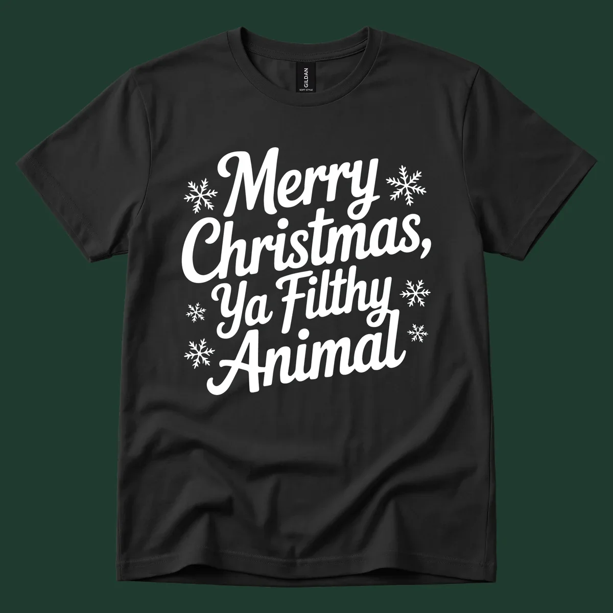 Merry Christmas Ya Filthy Animal typography with snowflakes.