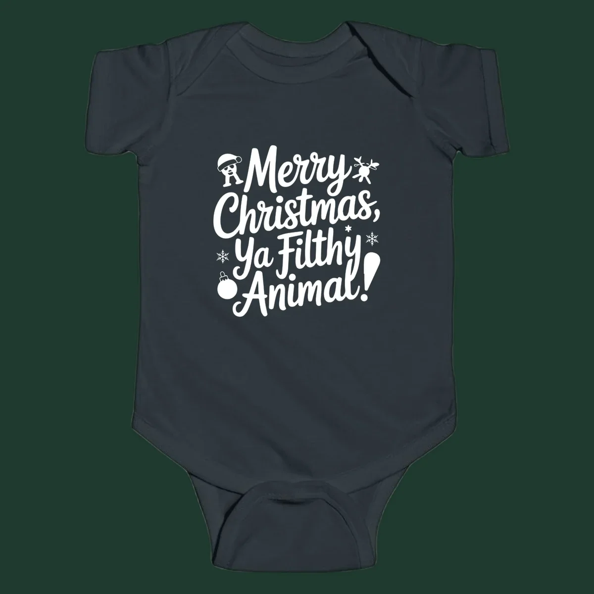 Merry Christmas Ya Filthy Animal quote with festive graphic elements.