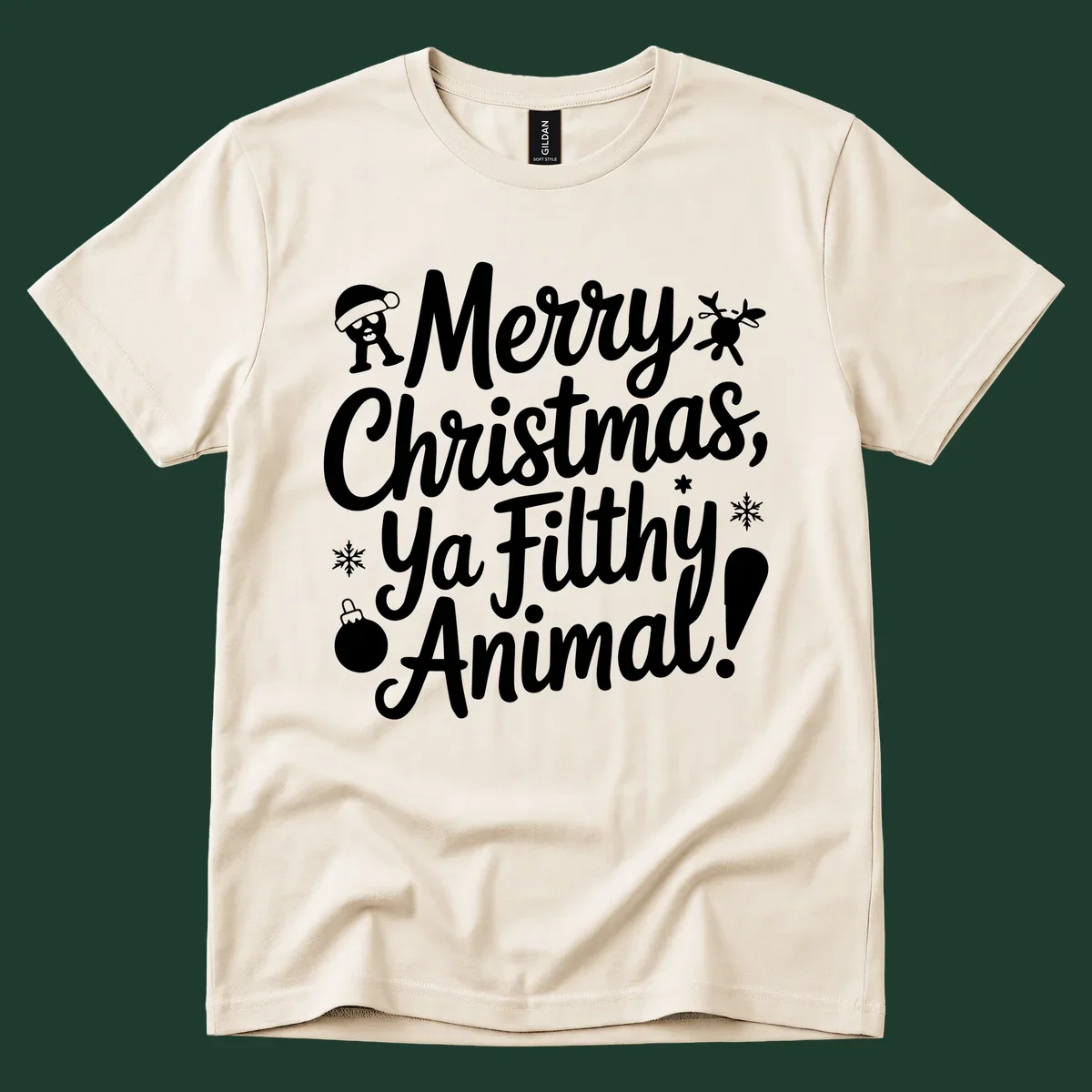 Merry Christmas Ya Filthy Animal quote with festive graphic elements.