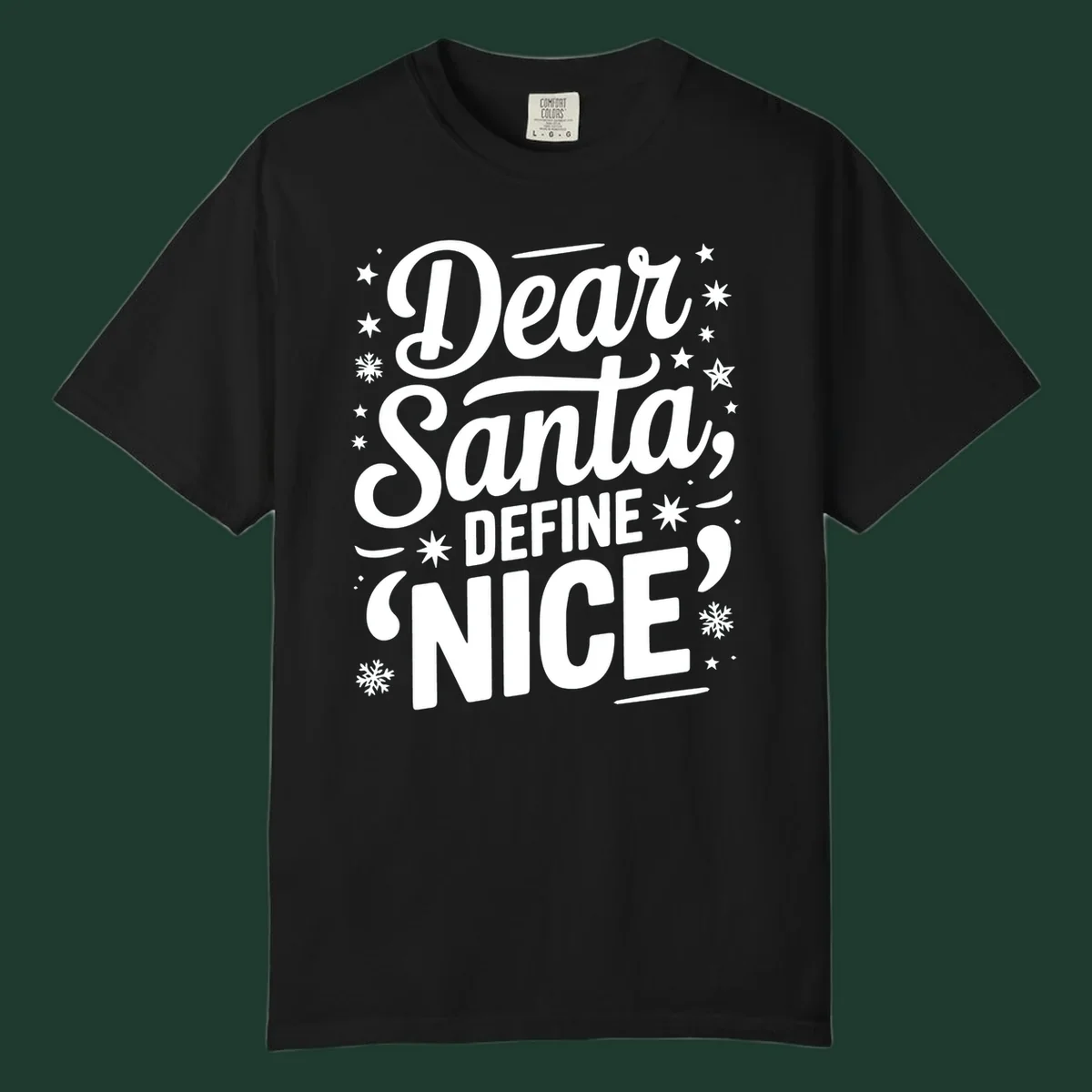 Dear Santa Define Nice Typography design with stars and snowflakes.