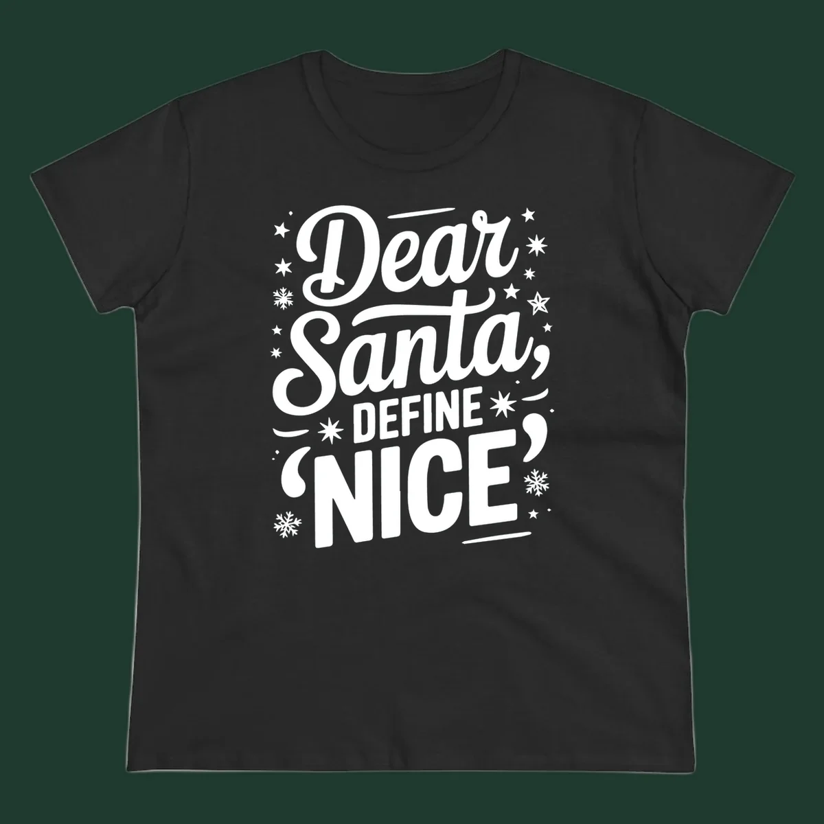 Dear Santa Define Nice Typography design with stars and snowflakes.