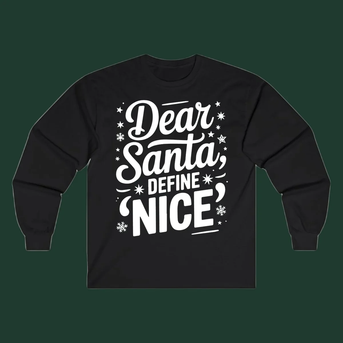 Dear Santa Define Nice Typography design with stars and snowflakes.