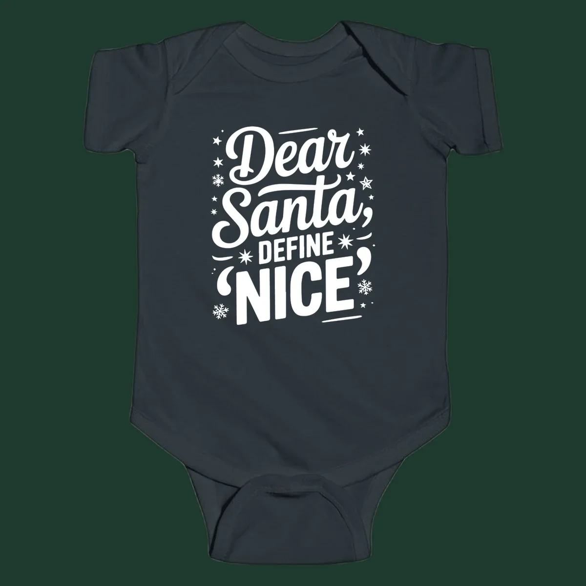 Dear Santa Define Nice Typography design with stars and snowflakes.