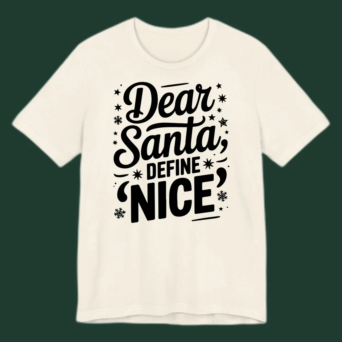 Dear Santa Define Nice Typography design with stars and snowflakes.