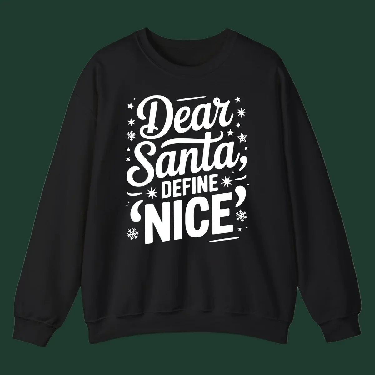 Dear Santa Define Nice Typography design with stars and snowflakes.