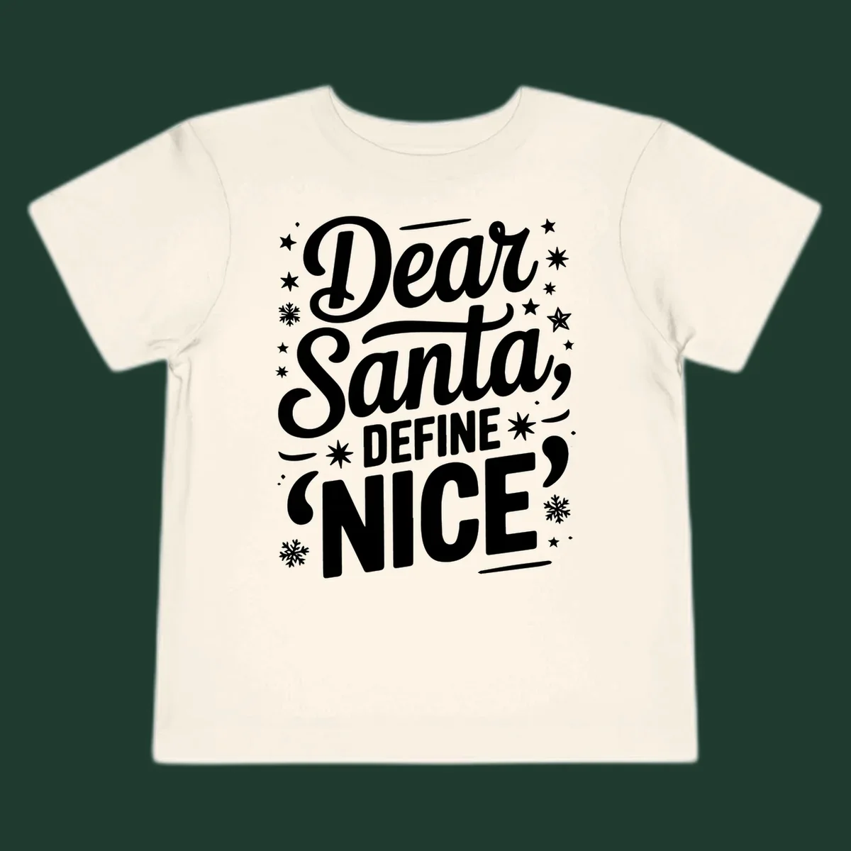 Dear Santa Define Nice Typography design with stars and snowflakes.