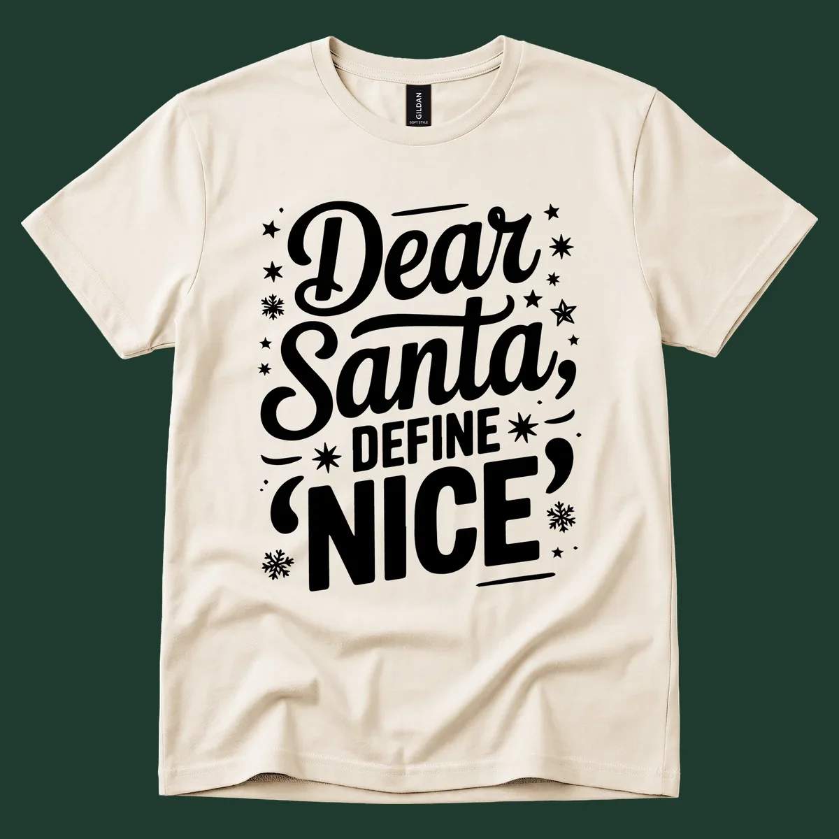 Dear Santa Define Nice Typography design with stars and snowflakes.