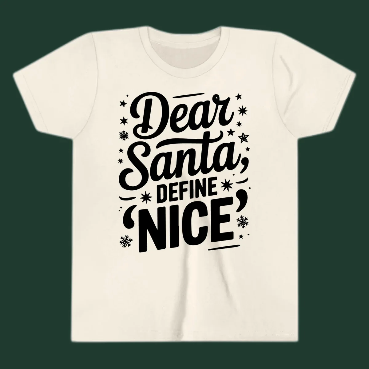 Dear Santa Define Nice Typography design with stars and snowflakes.