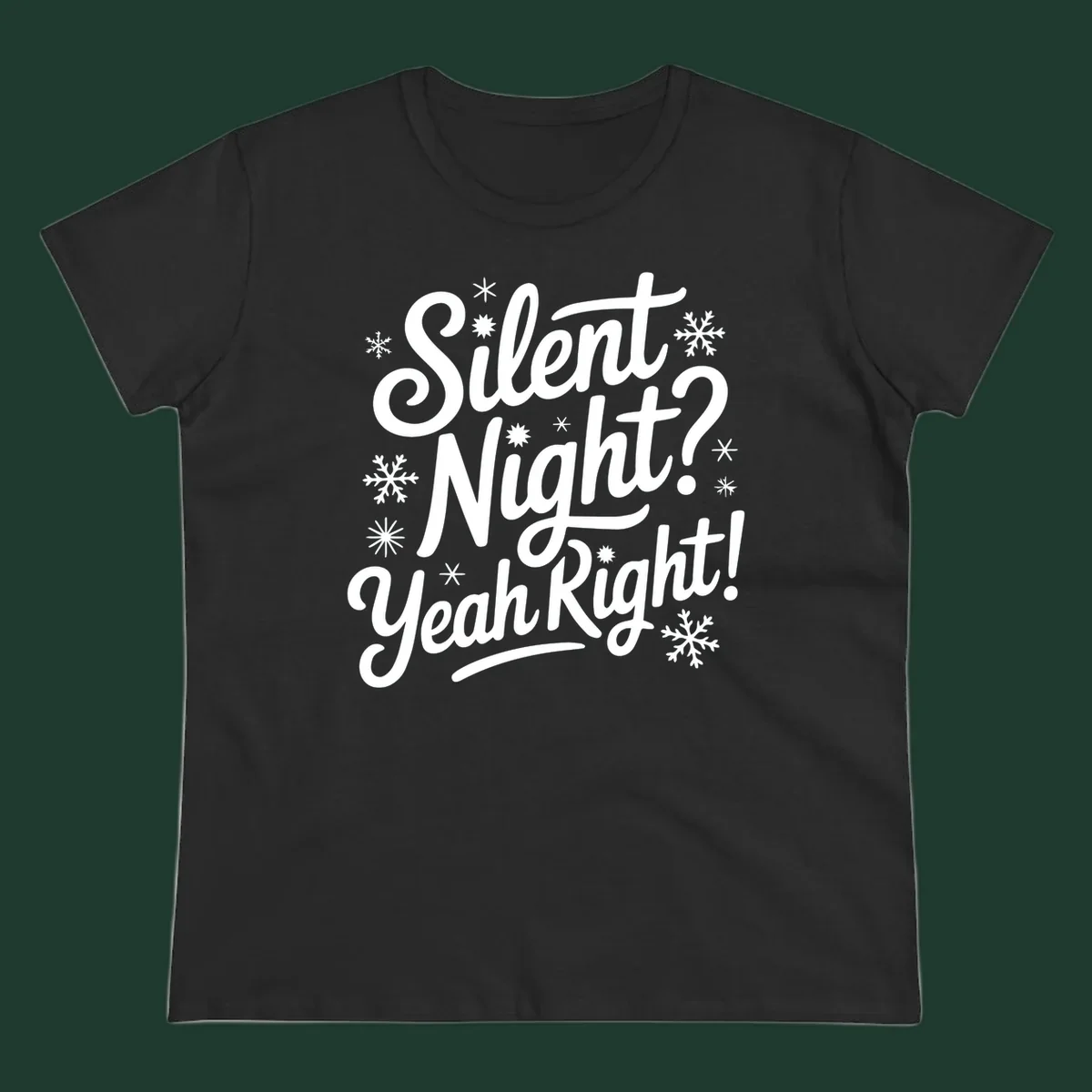 Typography design with "Silent Night? Yeah Right!" text and snowflakes, for the silent-night-yeah-right concept.