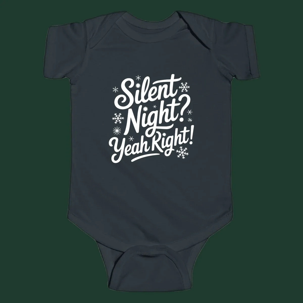 Typography design with "Silent Night? Yeah Right!" text and snowflakes, for the silent-night-yeah-right concept.