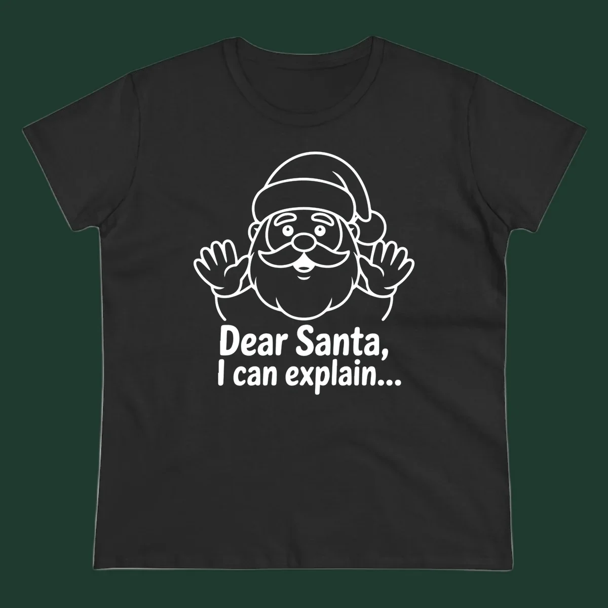 Dear Santa I Can Explain Christmas illustration with Santa Claus hands up.