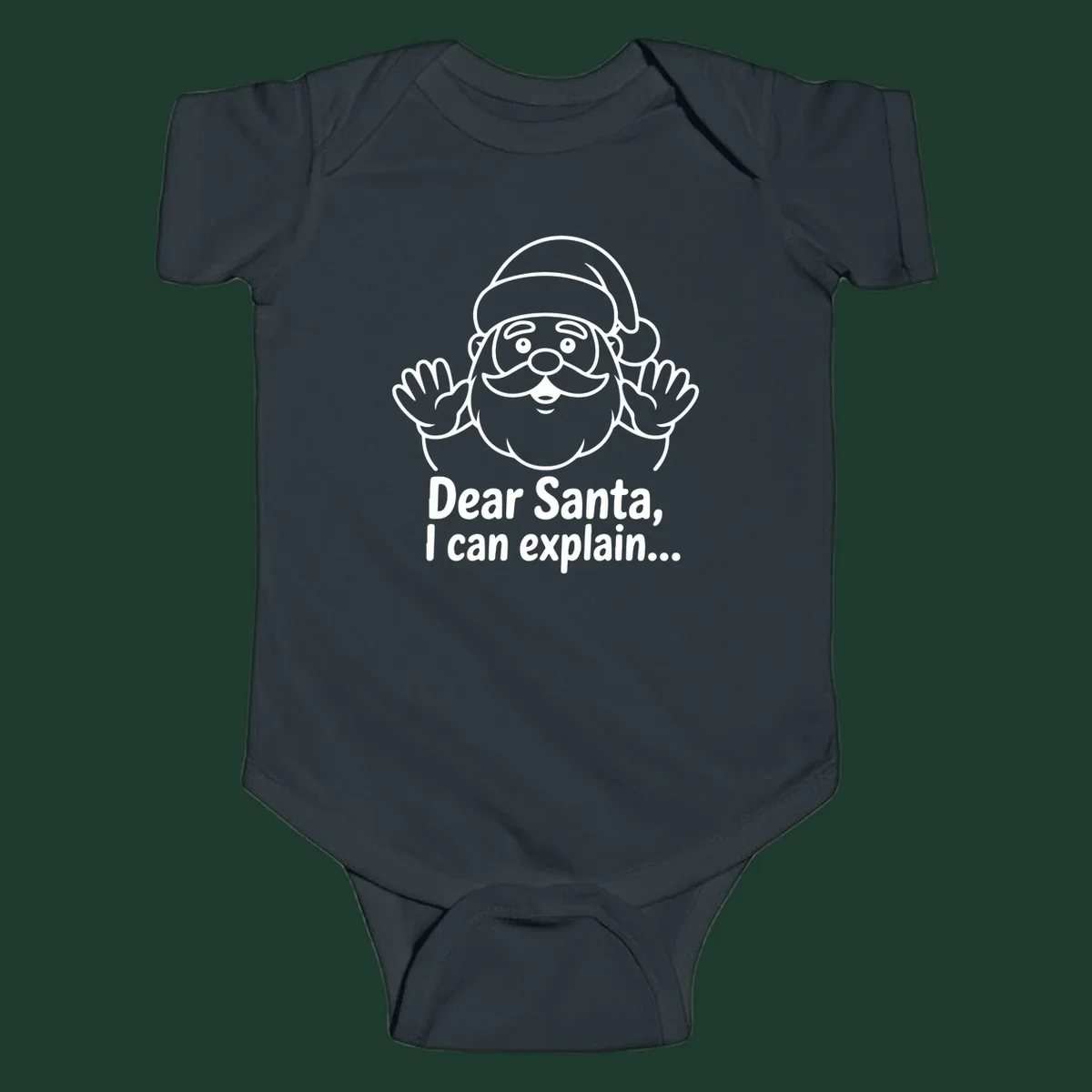 Dear Santa I Can Explain Christmas illustration with Santa Claus hands up.