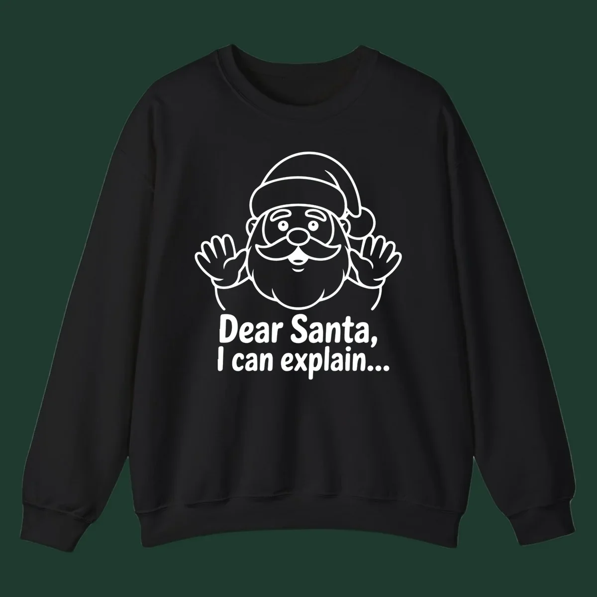 Dear Santa I Can Explain Christmas illustration with Santa Claus hands up.