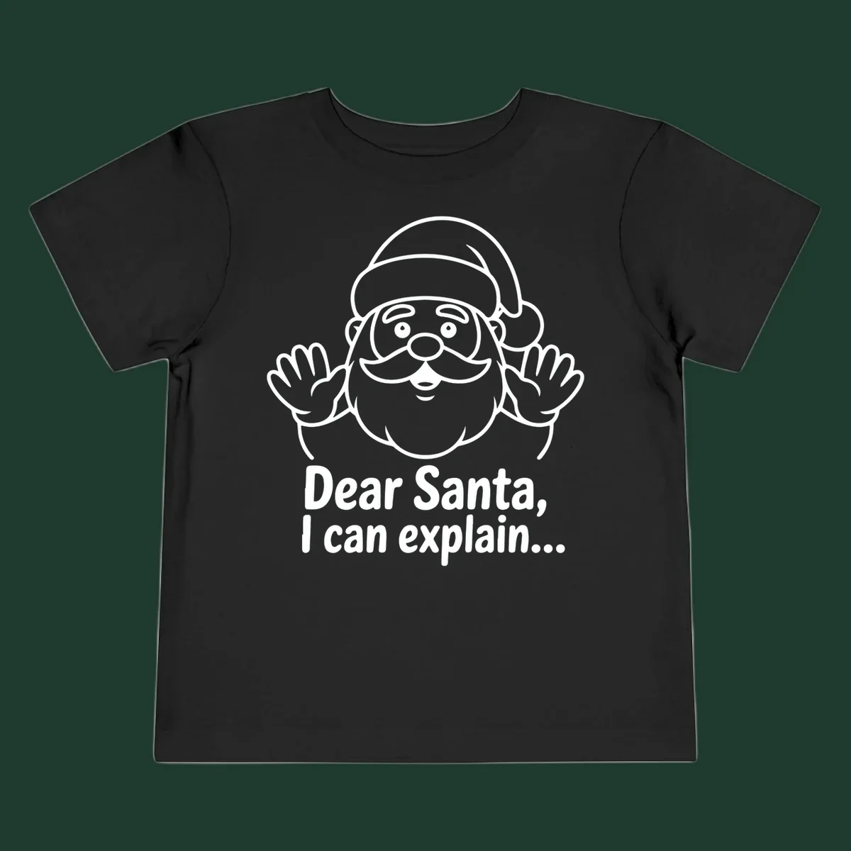Dear Santa I Can Explain Christmas illustration with Santa Claus hands up.