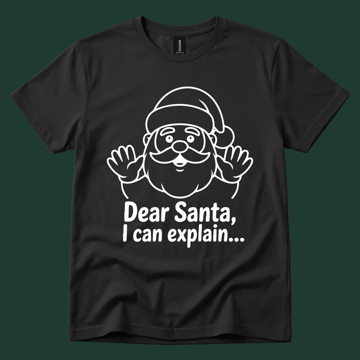 Dear Santa I Can Explain Christmas illustration with Santa Claus hands up.
