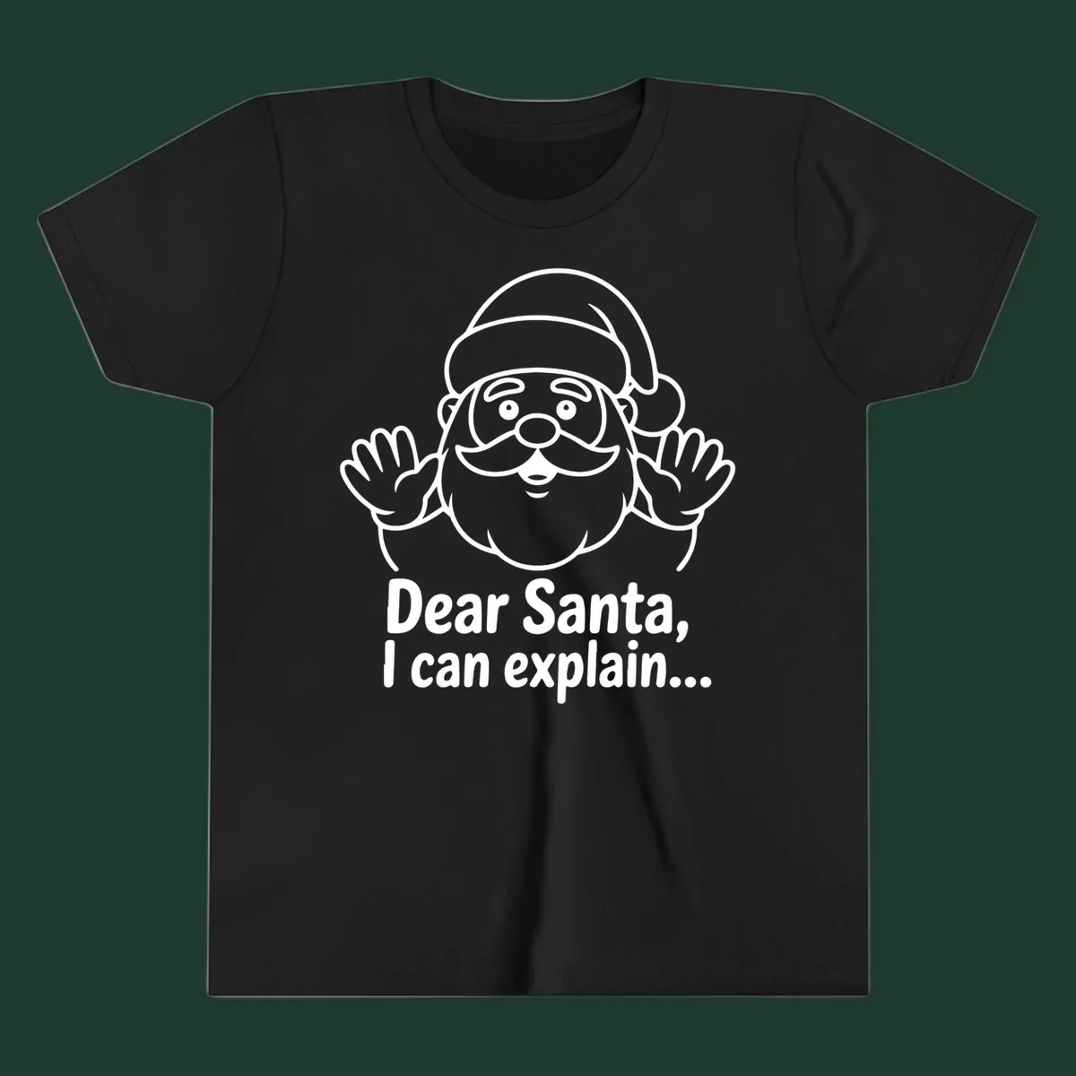 Dear Santa I Can Explain Christmas illustration with Santa Claus hands up.