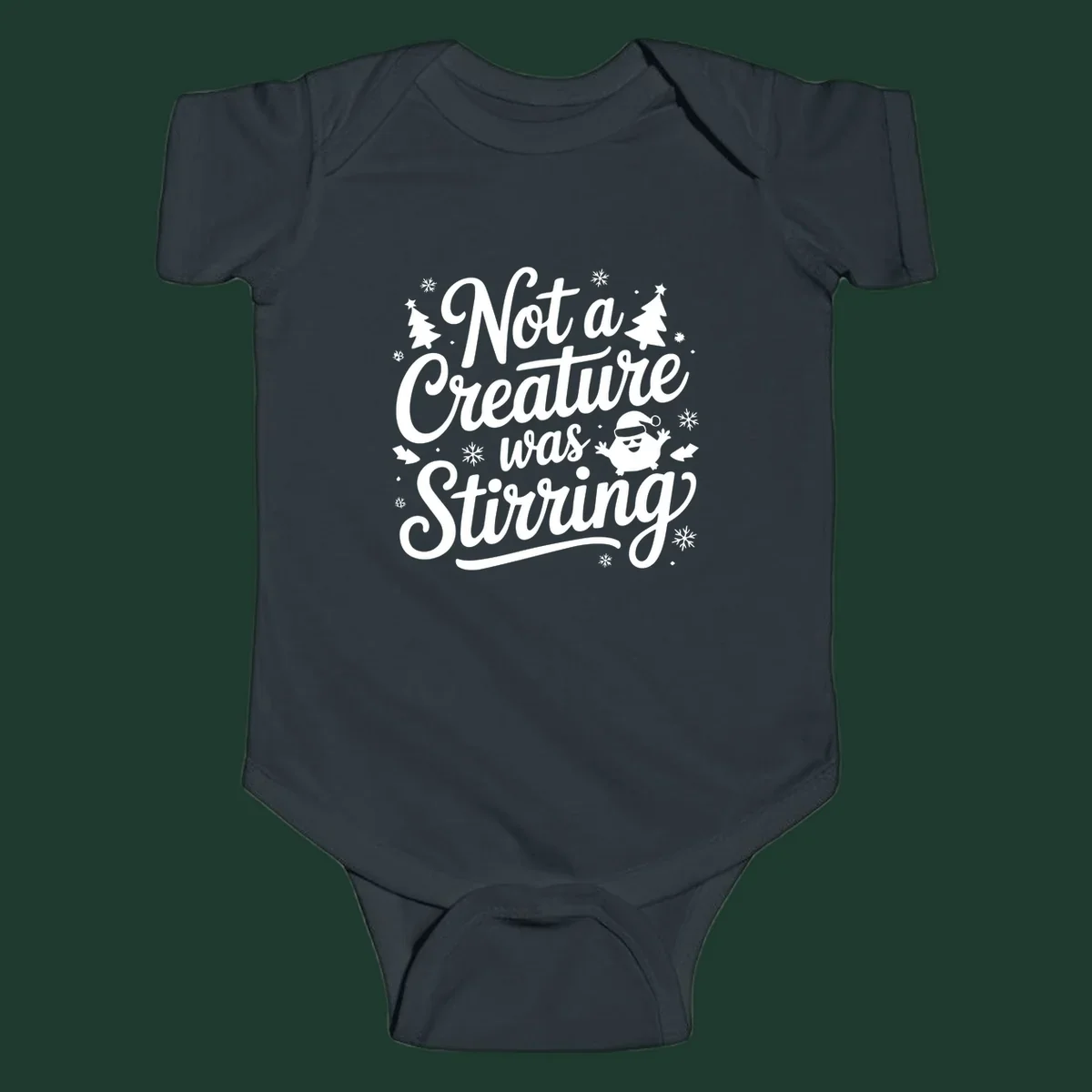 Not a creature was stirring christmas text with illustrations of trees, snowflakes, and a creature.