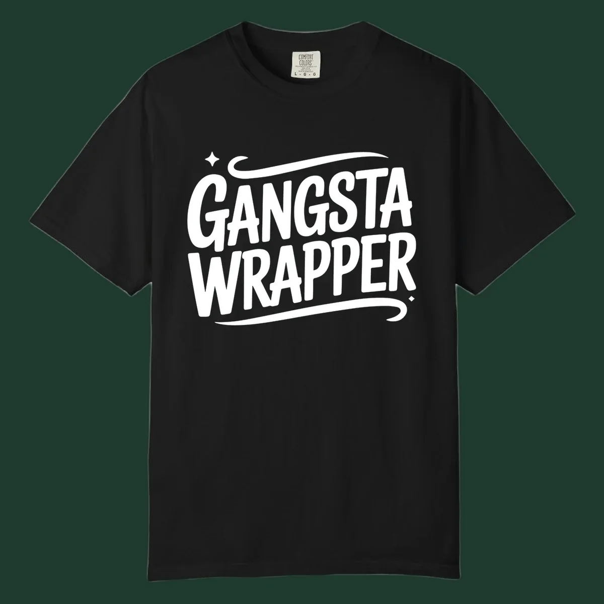 Gangsta Wrapper text in white, bold, custom lettering on a dark background.