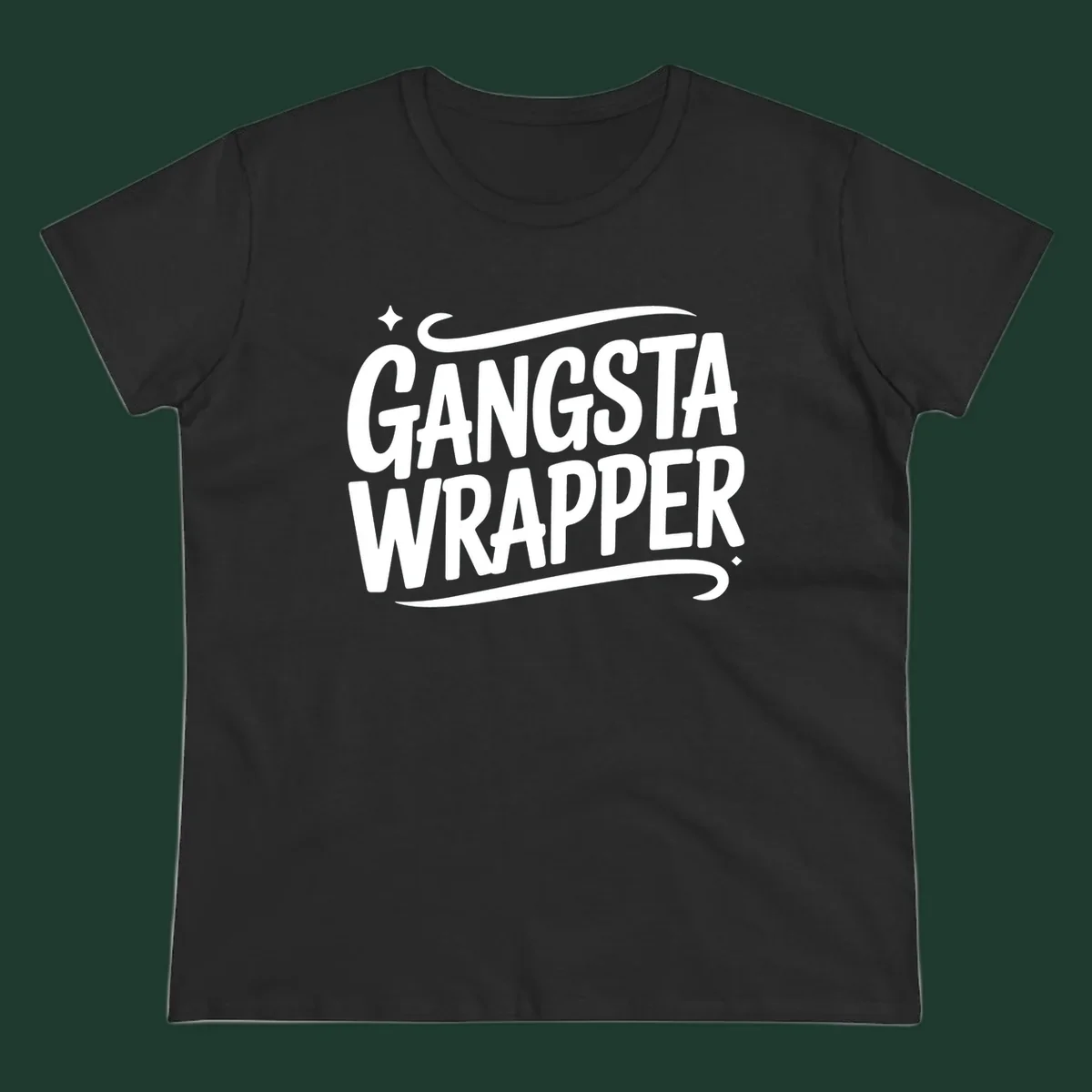 Gangsta Wrapper text in white, bold, custom lettering on a dark background.