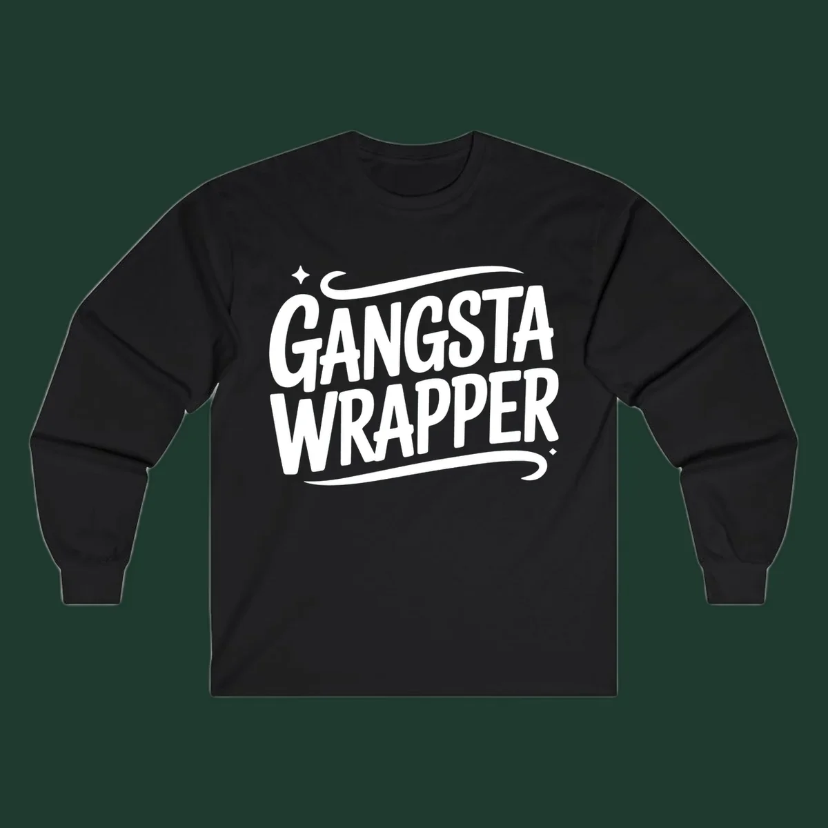 Gangsta Wrapper text in white, bold, custom lettering on a dark background.