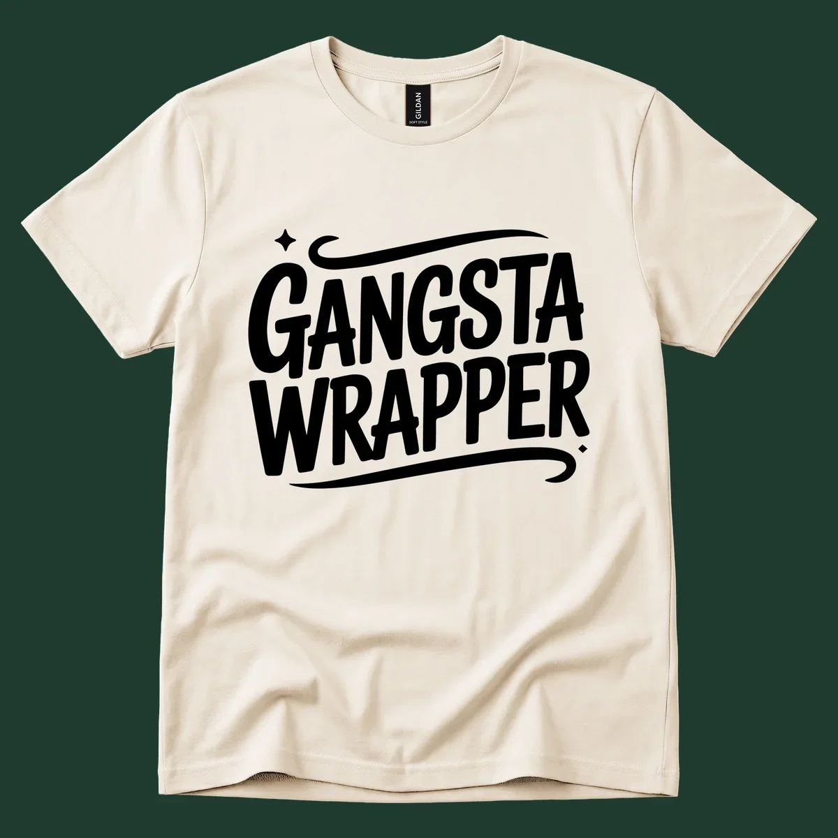 Gangsta Wrapper text in white, bold, custom lettering on a dark background.