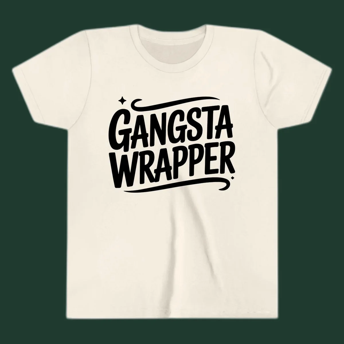 Gangsta Wrapper text in white, bold, custom lettering on a dark background.