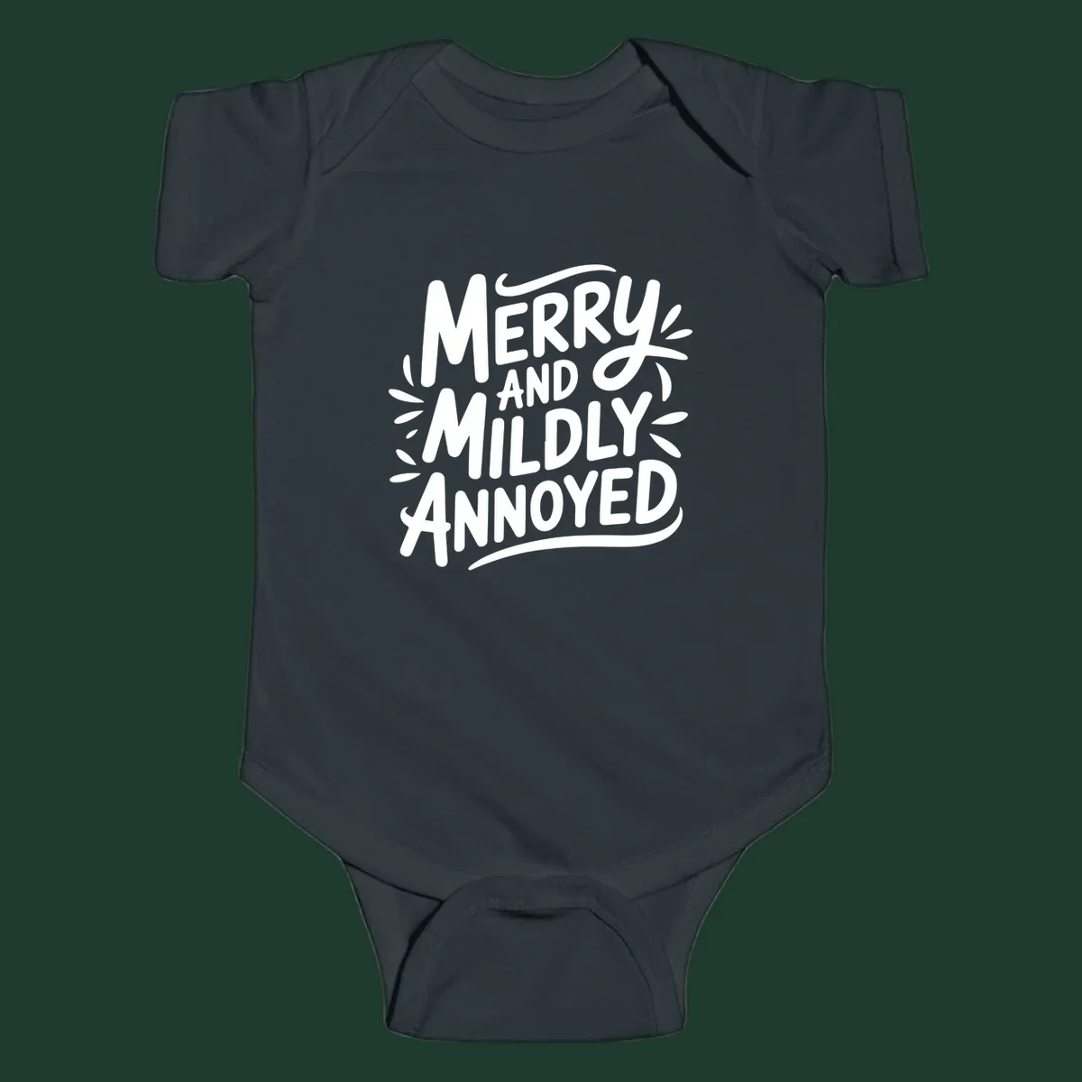 Merry And Mildly Annoyed text graphic. White hand-drawn lettering on dark background.