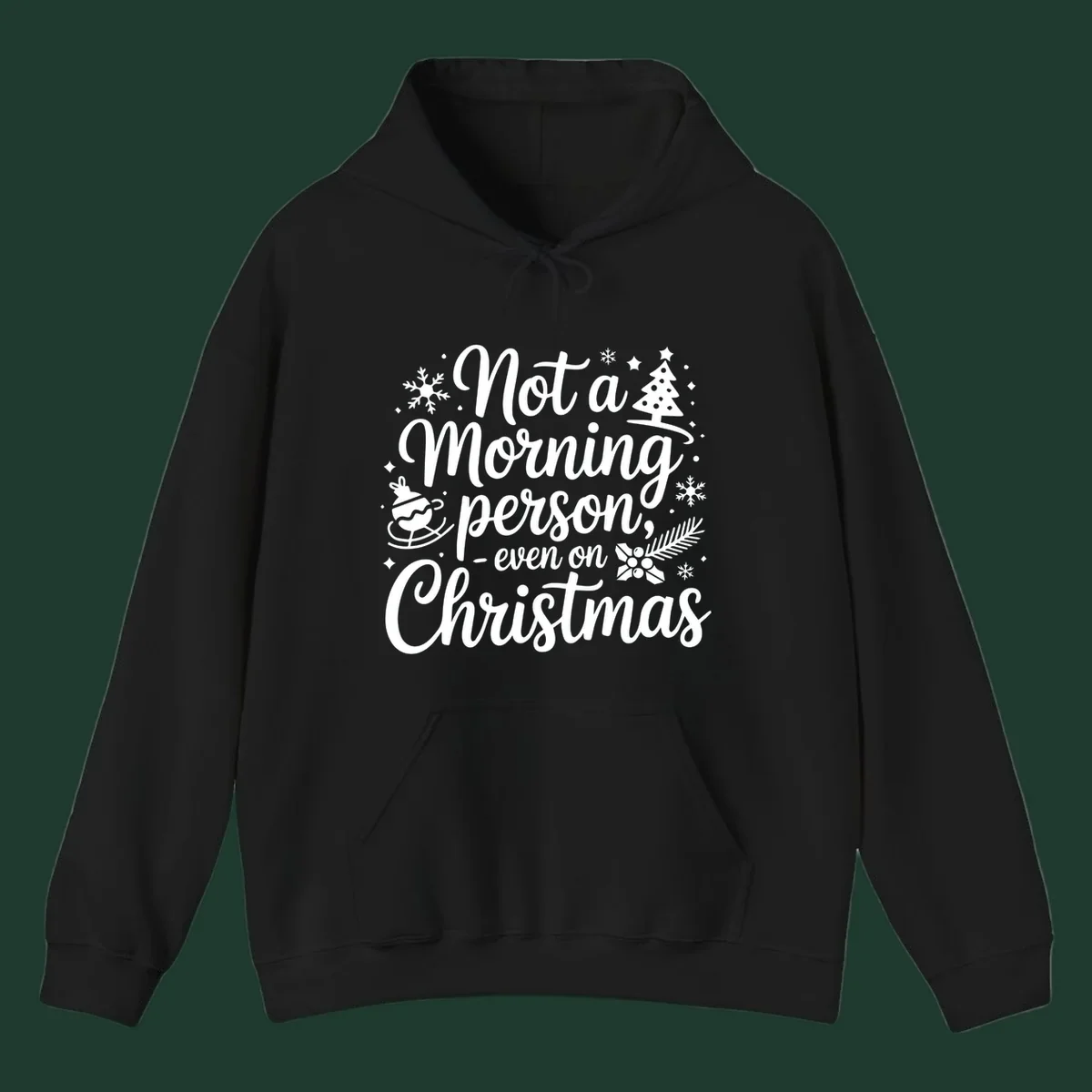 White typography on black background reads 'Not a Morning Person Christmas' with holiday graphics.