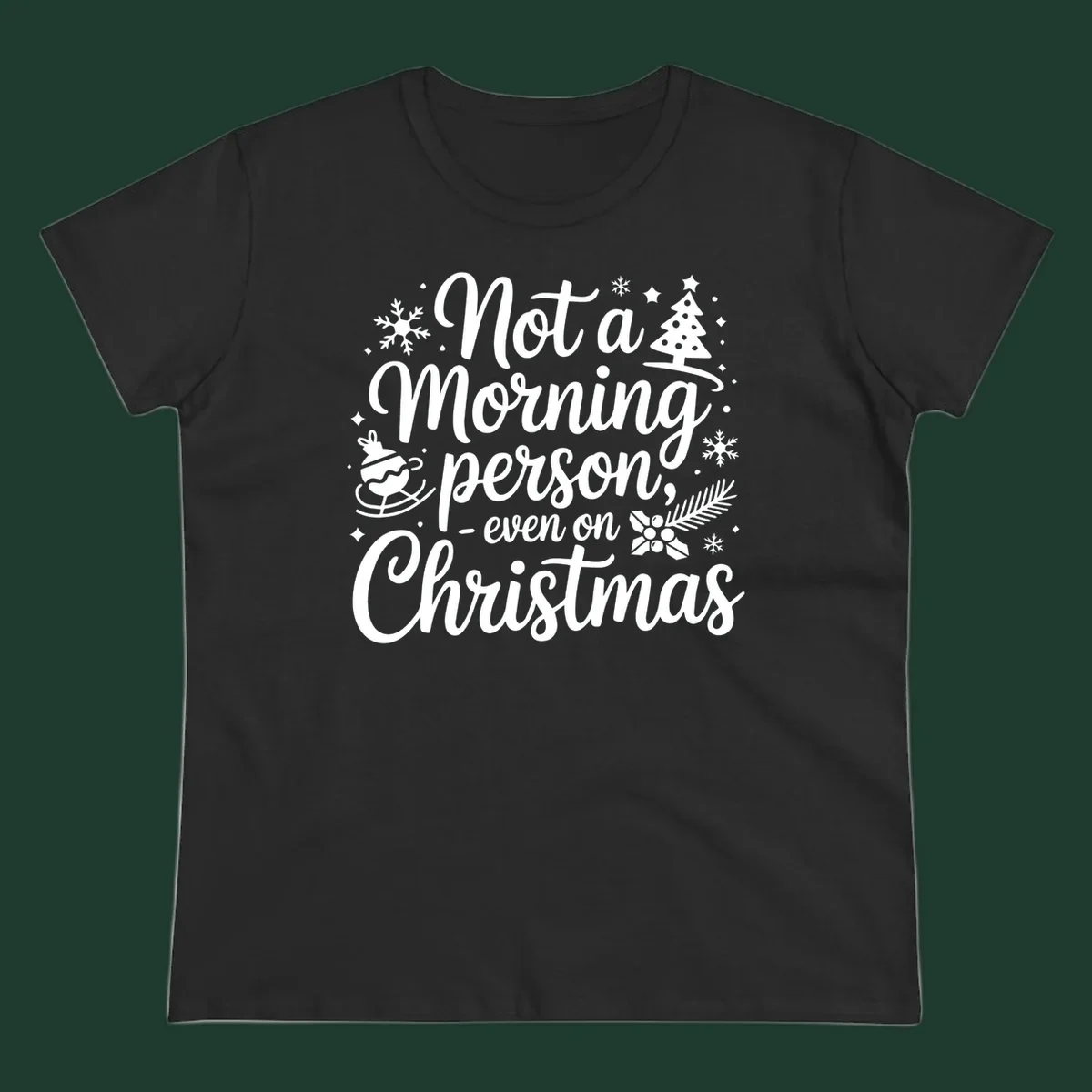 White typography on black background reads 'Not a Morning Person Christmas' with holiday graphics.