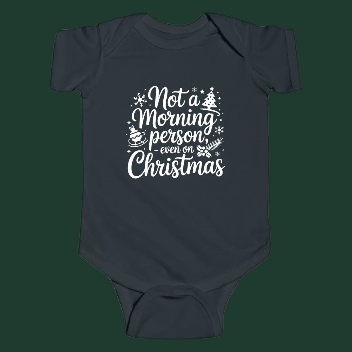 White typography on black background reads 'Not a Morning Person Christmas' with holiday graphics.