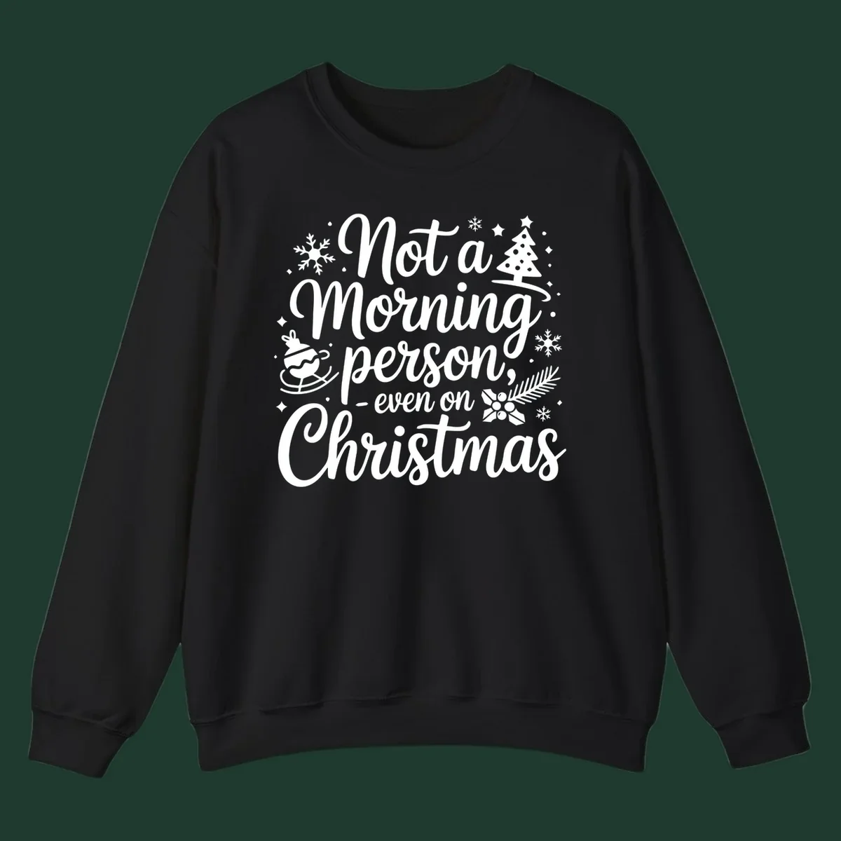 White typography on black background reads 'Not a Morning Person Christmas' with holiday graphics.