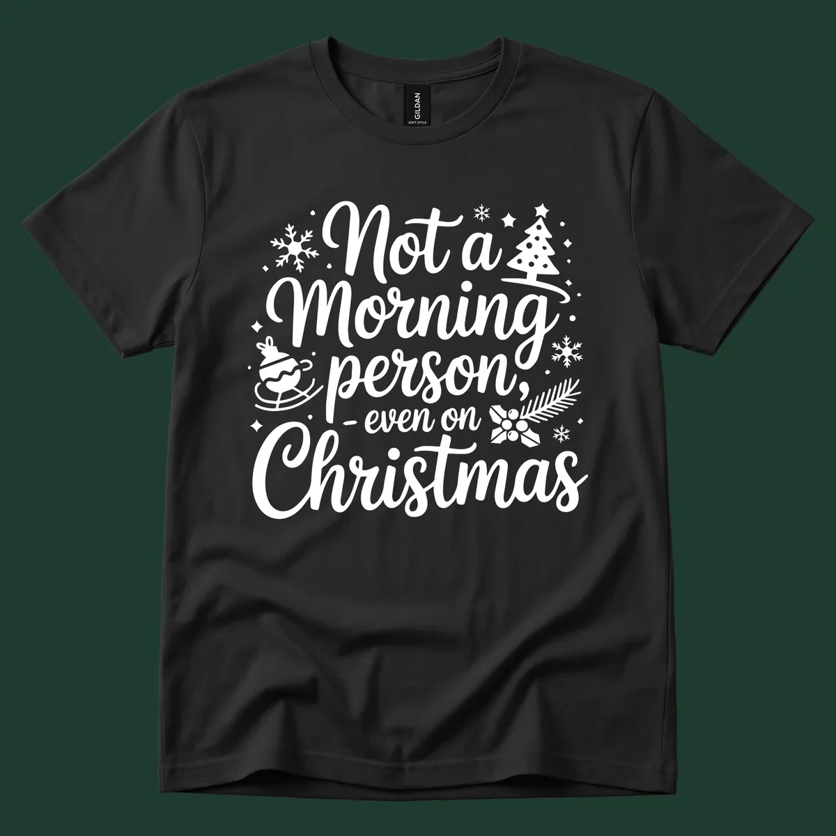 White typography on black background reads 'Not a Morning Person Christmas' with holiday graphics.