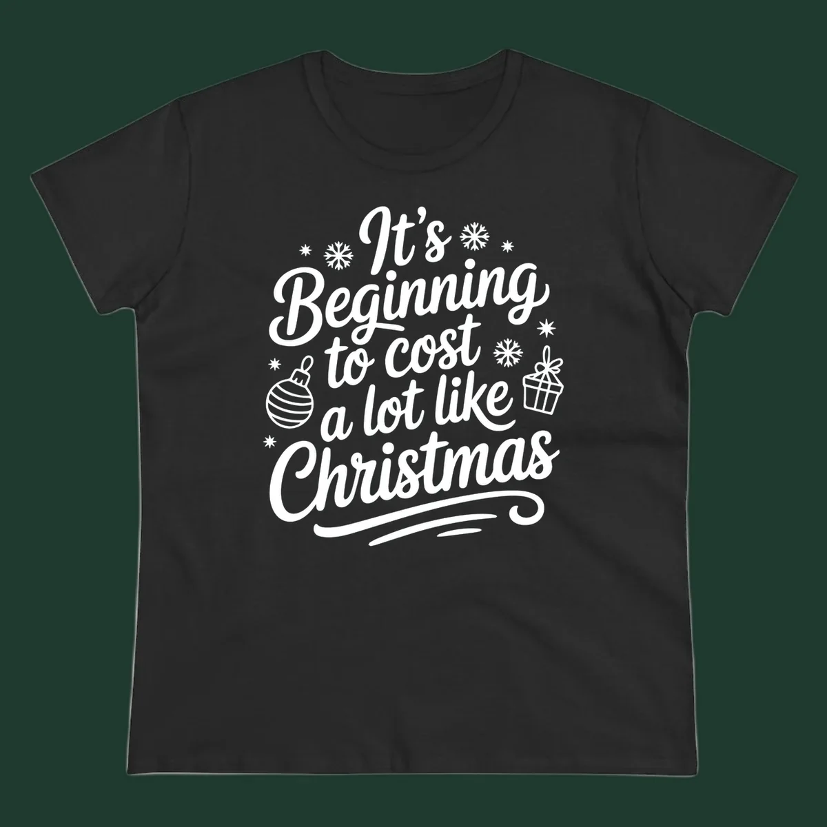 It's Beginning to Cost Like Christmas typography with ornaments and snowflakes.