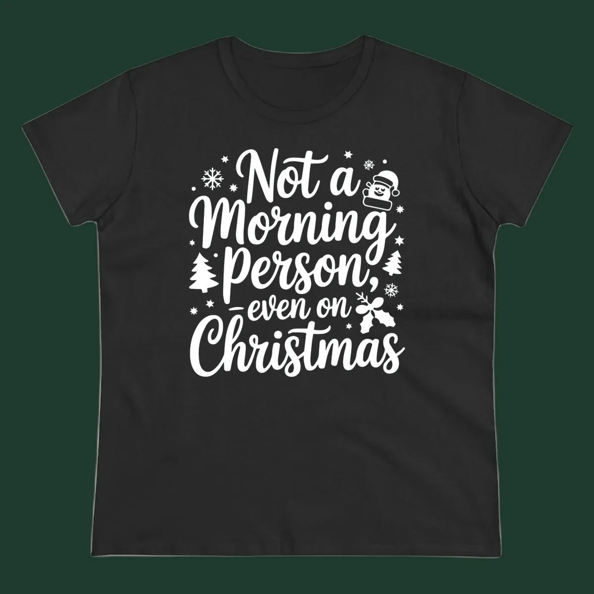 Text reads 'Not a Morning Person, even on Christmas' with winter and Santa illustrations. christmas-morning-grump.