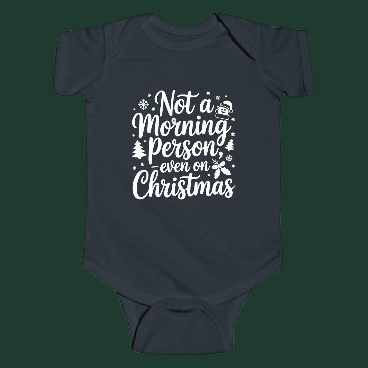 Text reads 'Not a Morning Person, even on Christmas' with winter and Santa illustrations. christmas-morning-grump.