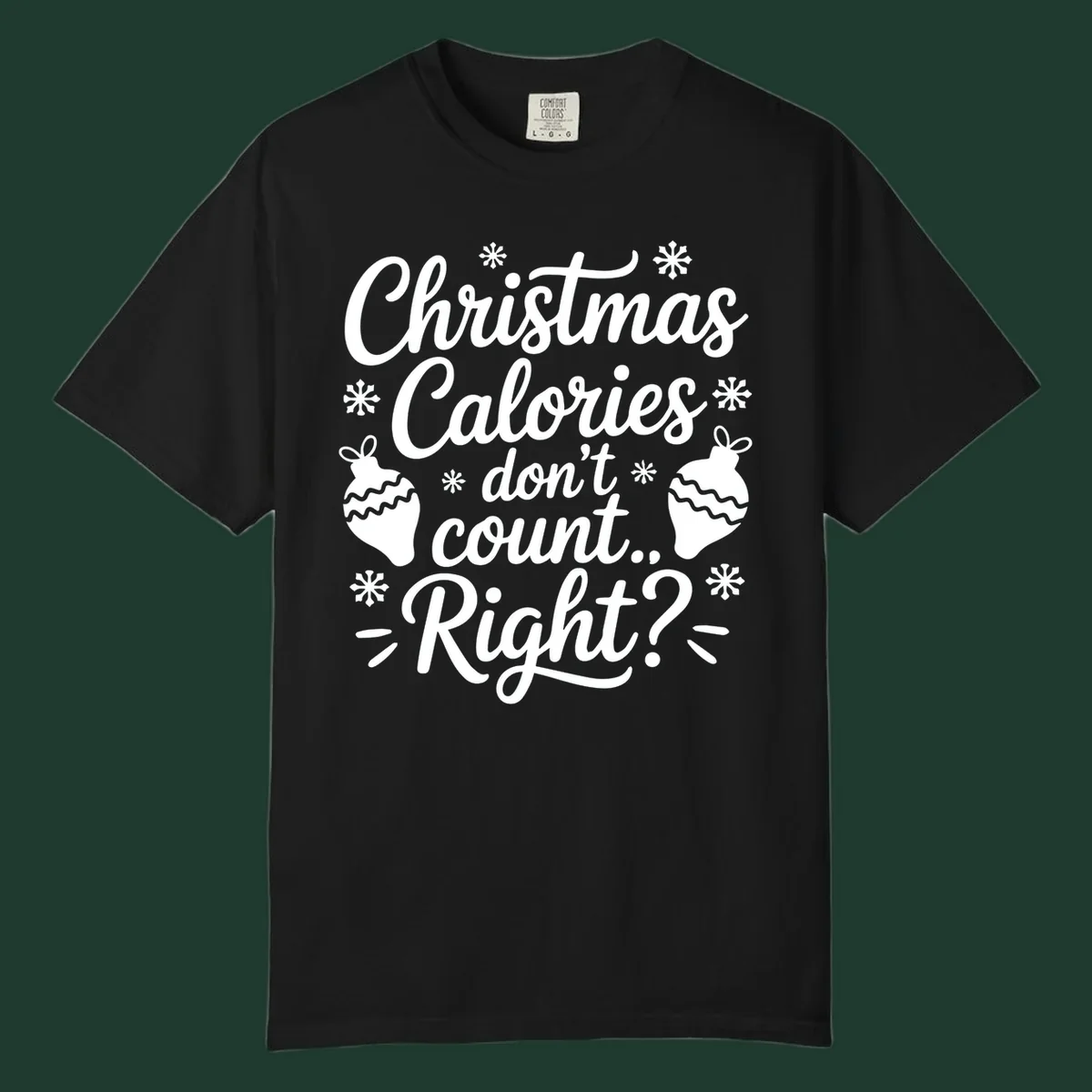 Christmas Calories Don't Count Right typography with snowflakes and ornaments.