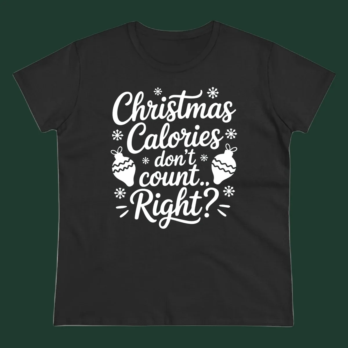 Christmas Calories Don't Count Right typography with snowflakes and ornaments.