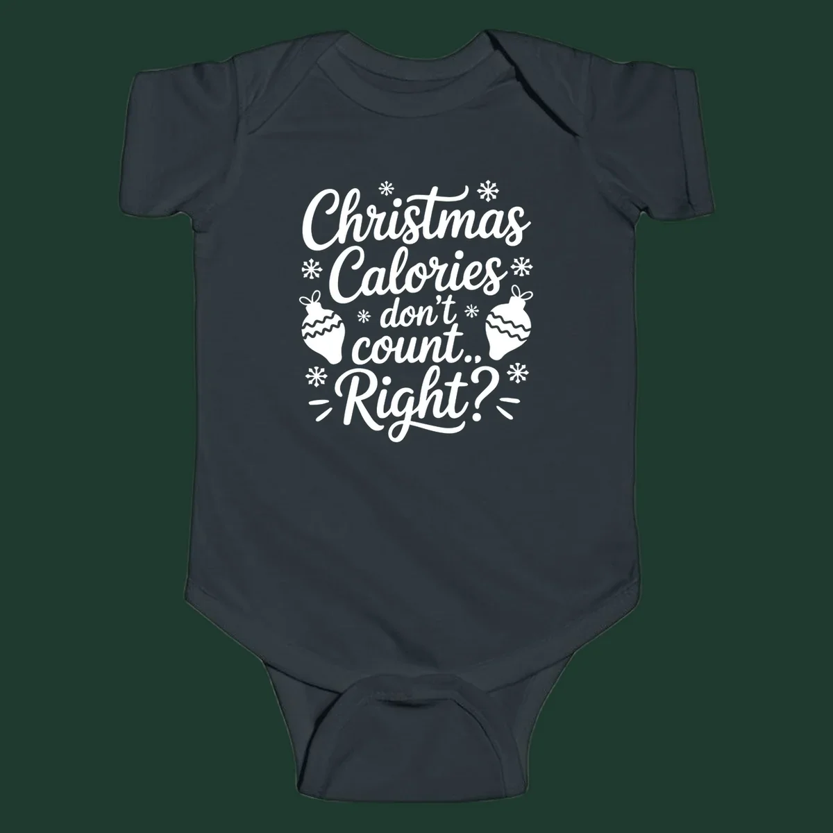 Christmas Calories Don't Count Right typography with snowflakes and ornaments.