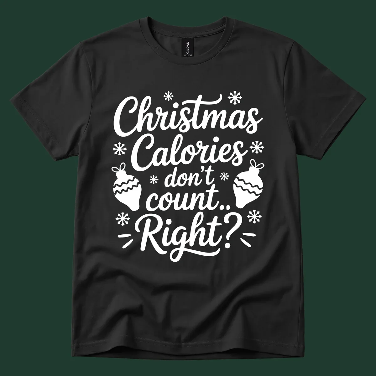 Christmas Calories Don't Count Right typography with snowflakes and ornaments.