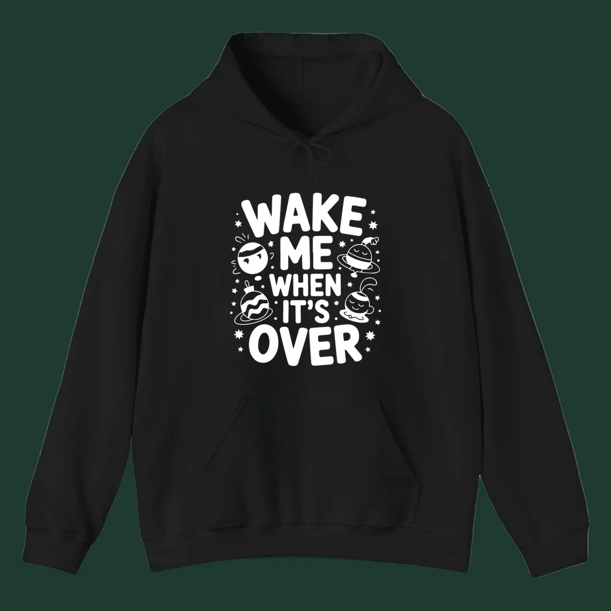 Wake me when it's over christmas graphic with planets and stars.