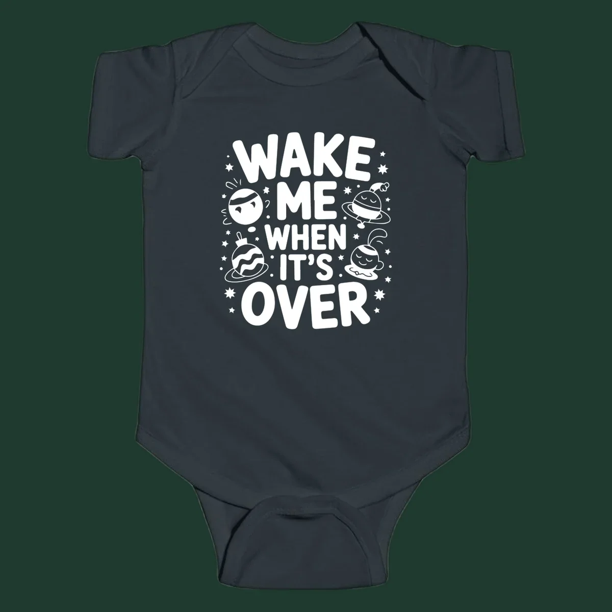 Wake me when it's over christmas graphic with planets and stars.